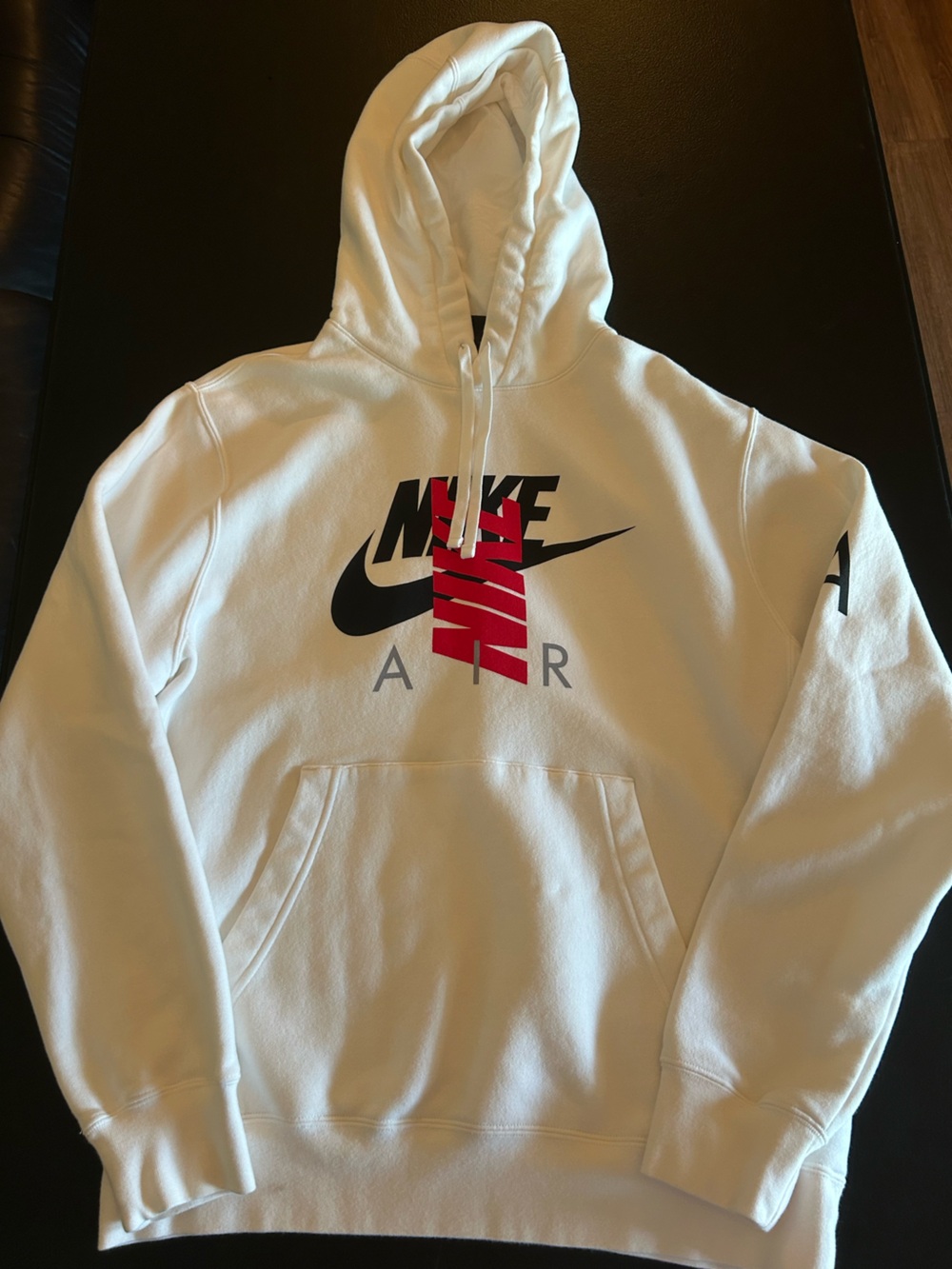 Men's White Nike Air Hoodie with Black Swoosh and Red Logo